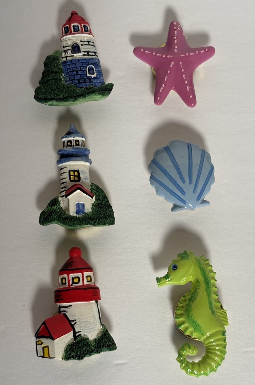 Lot of 6 Novelty Button Covers Beach Seahorse Starfish Clam Lighthouse Ocean